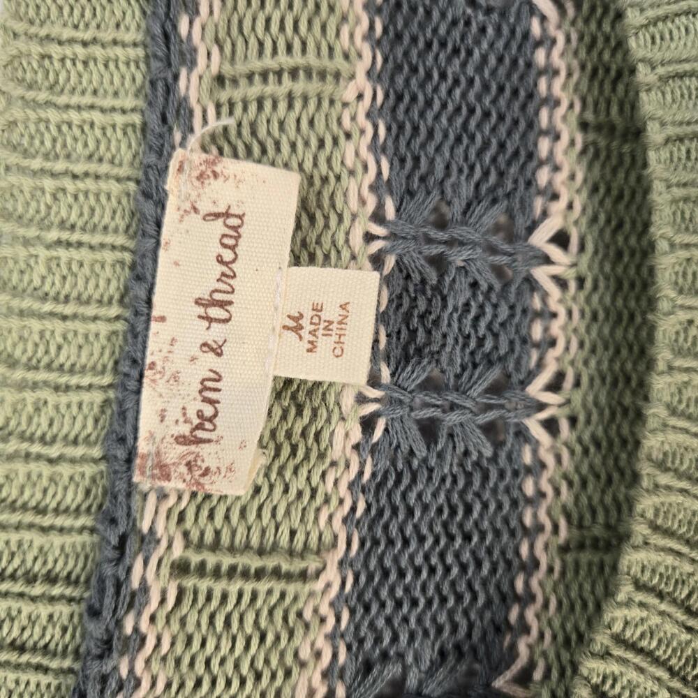 Hem & Thread Green Blue Cream Striped Crop Knit Sweater Fringe Hem Cozy Preppy M - Picture 6 of 9